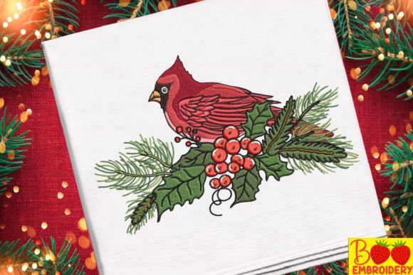 Red Cardinal Bird and Fruit Embroidery